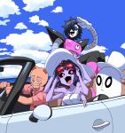  1girl 1other 2boys android animal_ears animal_hands arthropod_girl black_hair burgerpants car cat_boy cat_ears cat_paws cloud cloudy_sky colored_skin commentary convertible dress driving extra_arms fangs ghost grin half-closed_eyes hat highres looking_at_viewer mettaton mettaton_ex monster monster_boy monster_girl motor_vehicle muffet multiple_boys napstablook nasu_(ilo_a5) ocean open_mouth outdoors pink_shirt purple_skin shirt sky smile spider_girl sun_hat sunglasses top_hat undertale white_dress white_hat 