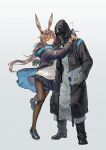  1girl 1other ^_^ absurdres amiya_(arknights) animal_ears arknights arms_around_neck artist_name black_coat black_pants black_shoes blue_skirt brown_hair brown_pantyhose clipboard closed_eyes coat doctor_(arknights) flying_sweatdrops full_body gloves gradient_background grey_gloves grin highres holding holding_clipboard hood hood_up hooded_coat hug infection_monitor_(arknights) leg_up loafers long_coat long_sleeves mask open_clothes open_coat pants pantyhose pisi_peace pleated_skirt rabbit_ears rabbit_girl shoes simple_background skirt smile sweater white_sweater 