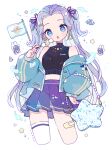  1girl :o bandaid bandaid_on_leg bare_shoulders black_sweater blue_eyes blue_jacket blush_stickers commentary cropped_legs dango ear_piercing earrings flag food forehead hair_ribbon highres holding holding_food jacket jewelry long_hair long_sleeves looking_at_viewer nagihoko off_shoulder open_clothes open_jacket open_mouth original piercing pleated_skirt purple_hair purple_ribbon purple_skirt ribbon simple_background single_thighhigh skirt sleeveless sleeveless_sweater solo sweater thighhighs turtleneck turtleneck_sweater two_side_up very_long_hair wagashi white_background white_thighhighs 