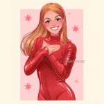  1girl artist_name blonde_hair blush bodysuit britney_spears brown_hair grin long_hair looking_at_viewer luztapiaart real_life red_bodysuit smile solo watermark 