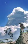  1girl absurdres ahoge awa_subaru bicycle black_hair black_jacket black_skirt black_socks check_copyright cloud cloud_nine_(798392138) commentary copyright_request day english_commentary girls_band_cry highres jacket long_hair moon necktie open_clothes open_jacket pleated_skirt railing red_necktie shirt sidelocks skirt socks solo white_shirt wide_shot 