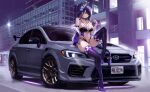  1girl absurdres alternate_costume bare_shoulders car check_vehicle city commentary_request commission covered_navel elbow_gloves fingerless_gloves full_body genshin_impact gloves grey_car hair_ornament hand_up high_heels highres jacket jacket_partially_removed kcar66t lanyard leotard license_plate long_hair looking_at_viewer low-braided_long_hair low-tied_long_hair mole mole_under_eye motor_vehicle night purple_eyes purple_hair purple_jacket purple_shoes purple_thighhighs race_queen raiden_shogun see-through_clothes see-through_leotard shoes strapless strapless_leotard subaru_wrx thighhighs thighs vehicle_focus vehicle_request white_gloves white_jacket 