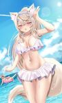  2girls absurdres alternate_costume alternate_hairstyle animal_ear_fluff animal_ears aqua_eyes aqua_hair aqua_nails arm_up bandaid bandaid_hair_ornament bare_shoulders beach bikini bikini_skirt blonde_hair blush breasts cloud cloudy_sky collarbone dog_ears dog_girl dog_tail frilled_bikini frilled_bikini_top frills fuwawa_abyssgard hair_between_eyes hair_ornament hairclip highres hololive hololive_english large_breasts long_hair looking_at_viewer mococo_abyssgard multicolored_hair multiple_girls navel one_eye_closed open_mouth parallel_hairclips pink_eyes short_hair siblings sisters sky smile stomach swim_ring swimsuit tail tracen_swimsuit twins varo_006 virtual_youtuber white_bikini 