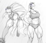  1girl abs alternate_muscle_size animal_ears breasts bug butterfly gold_ship_(umamusume) hair_ribbon hand_on_own_hip hat highres horse_ears horse_girl horse_tail large_breasts motion_lines muscular muscular_female pillbox_hat purple_ribbon red_eyes ribbon shoes shorts sketch smile sneakers solo speed_lines tail tank_top umamusume white_background zeph505 