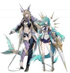  2girls absurdres ahoge animal_ears ankle_fins armored_boots ascot bare_shoulders black_sclera blonde_hair blue_ascot blue_eyes boots breasts colored_eyelashes colored_sclera commentary_request dress fins full_body gauntlets green_hair green_veil hair_between_eyes hair_over_one_eye highres holding holding_polearm holding_weapon horns horse_ears horse_girl imperator_(wuthering_waves) knee_boots lance large_breasts leviathan_(wuthering_waves) long_hair long_horns looking_at_viewer monster_girl multiple_girls multiple_views mutation navel one_eye_closed parted_lips personification polearm reference_sheet simple_background single_horn single_thighhigh smile stomach tacet_mark_(wuthering_waves) tail thighhighs thighs transparent_background veil very_long_hair weapon white_background white_dress white_thighhighs will2012tw wuthering_waves yellow_eyes yellow_horns 