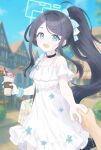  1girl alternate_costume aqua_halo aris_(blue_archive) bare_shoulders black_choker black_hair blue_archive blue_bow blue_eyes blue_ribbon blurry blurry_background bow choker commentary_request dress food_request hair_bow halo highres holding holding_hands looking_at_viewer open_mouth ponytail ribbon teina white_dress 