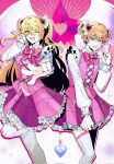  +_+ 1boy 1girl ;d blonde_hair breasts corrupted_twitter_file crossdressing don_quixote_(project_moon) e.g.o_(project_moon) fang hashtag-only_commentary highres in_the_name_of_love_and_hate_(e.g.o) limbus_company long_hair long_sleeves nana_nana_bot one_eye_closed open_mouth pink_garter_straps pink_skirt project_moon short_hair sinclair_(project_moon) skirt smile standing standing_on_one_leg sweatdrop tearing_up thighhighs two_side_up white_sleeves white_thighhighs yellow_eyes 