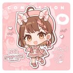  1girl :d ahoge animal_ears apron blush bow braid breasts brown_eyes brown_hair chibi cleavage cleavage_cutout clothing_cutout commentary_request dress ear_bow fang frilled_sleeves frills heart highres indie_virtual_youtuber kurono_kito kuu_(kurono_kito) long_sleeves looking_at_viewer mole mole_under_eye multicolored_hair outline pink_bow pink_dress pink_hair pink_shoes shoes signature small_breasts smile solo spoken_heart standing standing_on_one_leg streaked_hair twitter_username v-shaped_eyebrows virtual_youtuber watermark white_apron white_outline wide_sleeves zoom_layer 