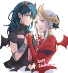  2girls ak blonde_hair blue_eyes blue_hair byleth_(fire_emblem) byleth_(fire_emblem)_(female) closed_mouth demon_horns edelgard_von_hresvelg fake_horns fire_emblem fire_emblem:_three_houses from_side halloween_costume holding_hands horns looking_to_the_side medium_hair multiple_girls open_mouth purple_eyes robaco simple_background upper_body white_background 