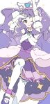  1girl aqua_eyes arm_up closed_mouth cure_majesty detached_sleeves dress ellee-chan flat_chest ginjiro_(ginjiroxx) gloves hair_ornament heart heart_print highres hirogaru_sky!_precure long_hair looking_at_viewer magical_girl mary_janes one_eye_closed precure purple_dress purple_hair purple_shoes shoes simple_background sleeveless sleeveless_dress smile solo thighhighs two_side_up very_long_hair wavy_hair white_background white_gloves white_thighhighs wing_hair_ornament 