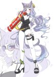  1girl animal_ears black_one-piece_swimsuit casual_one-piece_swimsuit eyewear_on_head gold_ship_(run_revolt_launcher)_(umamusume) gold_ship_(umamusume) highres holding holding_water_gun horse_ears horse_girl horse_tail official_alternate_costume one-piece_swimsuit purple-tinted_eyewear solo sotsunaku sunglasses swimsuit tail tinted_eyewear umamusume water_gun 