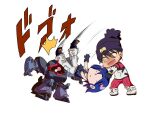  1boy 1girl black_hair blue_hair bodysuit colored_inner_hair crying dom_(mobile_suit) gloves gundam gundam_gquuuuuux hat hitting holding long_hair mecha mecha_pilot_suit mobile_suit multicolored_bodysuit multicolored_hair multiple_legs normal_suit_(gundam) nyaan_(gundam_gquuuuuux) one-eyed open_mouth purple_hair robot ryokasaka science_fiction short_hair shuji_ito simple_background smile sound_effects tank_top two-tone_hair white_background yellow_eyes zeon 