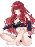  1girl alternate_costume bare_shoulders bikini blue_bikini breasts cleavage crossed_arms detached_sleeves facial_mark fire_emblem fire_emblem_engage hair_ornament highres long_hair looking_at_viewer red_eyes red_hair sitting solo star_(symbol) star_facial_mark star_hair_ornament swimsuit yunaka_(fire_emblem) zqzbq 