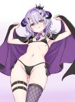  1girl :q absurdres anon_remu arms_up ass_visible_through_thighs belt bikini black_bikini black_cloak black_horns blush breasts cloak collar commentary crown curved_horns epaulettes fishnet_thighhighs fishnets from_below highres holding_cloak horns labia_slip looking_at_viewer medium_hair mini_crown multicolored_cloak navel nearly_naked_cloak necktie purple_cloak purple_eyes purple_hair purple_necktie purple_thighhighs side-tie_bikini_bottom simple_background single_fishnet_legwear single_thighhigh small_breasts solo stomach swimsuit thigh_belt thigh_strap thighhighs tongue tongue_out two-sided_cloak two-sided_fabric varium virtual_youtuber white_collar yamaoka_remu 