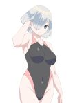  1girl 30-06 barefoot black_one-piece_swimsuit blue_eyes breasts competition_swimsuit covered_navel cowboy_shot grey_hair hair_ornament hair_over_one_eye hairclip hamakaze_(kancolle) highres kantai_collection kneehighs large_breasts looking_at_viewer one-piece_swimsuit short_hair simple_background socks solo standing swimsuit two-tone_swimsuit white_background 