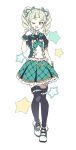  1girl aikatsu! aikatsu!_(series) black_shirt black_thighhighs blonde_hair buttons center_frills double-breasted frilled_skirt frilled_thighhighs frills full_body ginjiro_(ginjiroxx) gloves green_eyes green_neckerchief green_shoes green_skirt hair_ribbon highres looking_at_viewer medium_hair neckerchief one_eye_closed plaid_clothes plaid_neckerchief plaid_skirt puffy_short_sleeves puffy_sleeves ribbon shirt shoes short_sleeves simple_background skirt smile solo standing star_(symbol) thighhighs todo_yurika twintails white_background white_gloves 