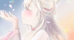  1girl bare_shoulders ceras_yanagida_lilienfeld closed_eyes commentary_request crying earrings flower_earrings grey_hair hair_tubes half_updo highres jewelry link!_like!_love_live! long_hair long_sleeves love_live! object_floating_above_hand official_alternate_costume official_alternate_hairstyle parted_lips petals pink_petals portrait profile sideways_mouth solo tears tenchi_reimei tikuwa_l virtual_youtuber 