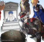  1girl 3boys ahoge archer_(fate) archer_(honkai:_star_rail)_(fate) artist_name artoria_pendragon_(fate) belt black_boots black_coat black_eyes black_gloves black_hair black_hat black_jacket black_pants blonde_hair blue_bow blue_bowtie blue_dress blue_ribbon boothill_(honkai:_star_rail) boots bow bowtie braid brown_belt bullet_earrings caelus_(honkai:_star_rail) cape cioccolatodorima coat cowboy_hat cu_chulainn_(fate) cu_chulainn_(fate/stay_night) cu_chulainn_(honkai:_star_rail)_(fate) cyborg dark-skinned_male dark_skin dress earrings english_commentary faceless faceless_male fate/stay_night fate/unlimited_blade_works fate_(series) fingerless_gloves full_body gloves grant_gustin_next_to_oliver_queen&#039;s_grave_(meme) grave grey_armor grey_hair hair_bun hair_over_one_eye hair_ribbon hat hat_feather hat_ornament honkai:_star_rail honkai_(series) hood hooded_coat jacket jewelry long_hair long_sleeves looking_at_viewer mechanical_arms mechanical_hands meme multicolored_hair multiple_boys open_clothes open_coat pants red_cape red_coat ribbon saber_(fate) saber_(honkai:_star_rail)_(fate) shadow sharp_teeth sheriff_badge shirt short_hair sidelocks simple_background smile spiked_hair squatting standing star_ornament striped_bow striped_bowtie striped_clothes t-shirt teeth tombstone trailblazer_(honkai:_star_rail) two-sided_coat two-sided_fabric two-tone_dress two-tone_hair v white_background white_dress white_hair white_shirt yellow_coat zipper 