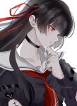  1girl black_choker black_hair black_shirt chisa_(wuthering_waves) choker collarbone commentary_request hair_ribbon hand_up highres long_hair long_sleeves looking_ahead mole mole_under_eye neckerchief parted_lips red_eyes red_neckerchief red_ribbon ribbon sailor_collar shirt simple_background solo twitter_username upper_body white_background white_sailor_collar wu_yuuri wuthering_waves 