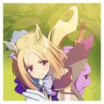  1girl animal_ears blonde_hair border bow closed_mouth commentary_request ear_covers ear_ornament from_above gloves horse_ears horse_girl horse_tail kamotsu narita_top_road_(umamusume) purple_bow red_eyes running single_ear_cover solo sweat tail umamusume white_border white_gloves 