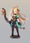  1girl abigail_williams_(fate/grand_order) ahoge animal_ear_fluff animal_ears atalanta_(fate) atalanta_(fate)_(cosplay) bangs black_bow black_dress black_footwear black_gloves black_legwear blonde_hair blue_eyes blush boots bow bow_(weapon) breasts cat_ears cat_girl cat_tail cosplay dress fate/apocrypha fate/grand_order fate_(series) forehead full_body gloves green_dress grey_background hair_bow holding holding_bow_(weapon) holding_weapon juliet_sleeves kemonomimi_mode long_hair long_sleeves looking_at_viewer miya_(pixiv15283026) multiple_bows orange_bow parted_bangs parted_lips puffy_short_sleeves puffy_sleeves shadow short_sleeves small_breasts solo standing tail tail_bow thigh_boots thighhighs two-tone_dress very_long_hair weapon 