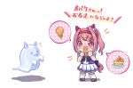  1girl :d ^^^ absurdres animal_ears blush_stickers bow brown_shoes cake cake_slice chibi clenched_hands ear_bow flower-shaped_pupils food ghost hands_up haru_urara_(umamusume) highres horse_ears horse_girl horse_tail ice_cream ice_cream_cone moko39_takasora notice_lines pink_hair plate pleated_skirt puffy_short_sleeves puffy_sleeves purple_bow purple_eyes purple_shirt school_uniform shadow shirt shoes short_sleeves simple_background skirt smile solo spoken_food symbol-shaped_pupils tail thighhighs tracen_school_uniform translation_request umamusume v-shaped_eyebrows white_background white_bow white_skirt white_thighhighs 