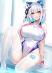 1girl absurdres animal_ear_hairband animal_ears bare_shoulders bashamichi_hagemi blue_eyes blue_hair blush breasts colored_inner_hair competition_swimsuit covered_navel fake_animal_ears grey_hair hair_ornament hairband heterochromia highleg highres indie_virtual_youtuber indoors kutan large_breasts leg_tattoo looking_at_viewer medium_hair multicolored_hair one-piece_swimsuit sitting solo swimsuit tattoo thighhighs white_thighhighs yellow_eyes 