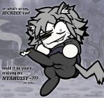 absurd_res age_difference anthro arnkleblarn black_clothing black_legwear black_tights bulge bulge_from_behind butt butt_focus chibi cigarette clothing dialogue feet felid feline glistening glistening_butt grey_body grey_hair grey_skin hair hi_res holding_object_with_feet humanoid hybrid legwear male mammal melty_blood meme neco-arc neco-arc_chaos older_male one_eye_closed sharp_teeth short_stack smile smiling_at_viewer solo speech_bubble spread_butt spreading sweater tail teeth tights topwear tsukihime type-moon