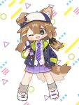  1girl ;d animal_ear_fluff animal_ears black_ribbon blue_eyes blue_hoodie blush_stickers brown_hair cellphone collared_shirt commentary_request dog_ears dog_girl dog_tail fangs flip_phone full_body green_hood grey_socks hair_ornament hair_ribbon hairclip hand_in_pocket hat highres holding holding_phone hood hood_down hoodie long_hair mamehinata notamaru_2 one_eye_closed open_clothes open_hoodie open_mouth parallel_hairclips phone pleated_skirt purple_skirt ribbon shirt shoes skin_fangs skirt smile socks solo standing tail vrchat white_background white_hat white_shirt white_shoes 