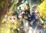  3girls absurdres alternate_costume barbara_(genshin_impact) belt black_gloves blonde_hair blue_eyes bow cape capelet commentary fuzijo genshin_impact gloves green_hat hair_bow hat highres jean_(genshin_impact) klee_(genshin_impact) long_sleeves looking_ahead looking_to_the_side medium_hair multiple_girls open_mouth outdoors pants pantyhose pointy_ears ponytail red_eyes shirt siblings sisters skirt smile standing teeth twintails upper_teeth_only white_pants white_pantyhose 