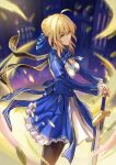  1girl absurdres ahoge artoria_pendragon_(fate) black_pantyhose blonde_hair blue_dress blue_ribbon breasts commentary_request dress excalibur_(fate/stay_night) fate/stay_night fate_(series) green_eyes hair_bun hair_ribbon highres holding holding_sword holding_weapon honkai:_star_rail honkai_(series) isome juliet_sleeves long_sleeves pantyhose planted planted_sword puffy_sleeves ribbon saber_(fate) saber_(honkai:_star_rail)_(fate) sidelocks small_breasts solo sword weapon 