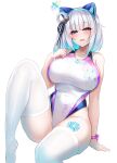  1girl absurdres animal_ear_headphones animal_ears bare_shoulders bashamichi_hagemi bell blue_eyes blue_hair blush body_markings breasts cat_ear_headphones cat_ears colored_inner_hair competition_swimsuit fake_animal_ears hair_ornament half-closed_eyes headphones heterochromia highleg highres indie_virtual_youtuber kutan large_breasts leg_tattoo looking_at_viewer mole mole_under_eye multicolored_hair no_shoes one-piece_swimsuit open_mouth red_eyes ribbon short_hair simple_background sitting smile solo swimsuit tattoo thighhighs thighs variant_set virtual_youtuber white_background white_hair white_one-piece_swimsuit white_thighhighs wrist_ribbon yellow_eyes 