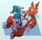  argon_vile balls bandai_namco blue_body bodily_fluids claws digimon digimon_(species) duo english_text erection fellatio foreskin genital_fluids genitals guilmon handstand hi_res lying male male/male on_back oral penile penis penis_in_mouth precum precum_in_mouth red_body red_eyes scalie sex size_difference speech_bubble text veemon yellow_eyes 