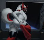  2019 4_toes anus butt claws detailed_background feet female fluffy fur futuristic hand_on_butt hi_res kneeling lf looking_back machine noisy_(character) nude presenting presenting_hindquarters presenting_pussy protogen pussy rear_view red_body red_fur robot smile solo space toe_claws toe_curl toes white_body white_fur window 