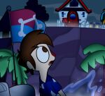 2019 animal_crossing blue_dress_shirt blue_sky brown_eyes brown_hair building clock clothed clothed_human clothed_male clothing colored cookieboy011 digital_drawing_(artwork) digital_media_(artwork) door doorframe english_description eyebrow_through_hair eyebrows fence fern flag fog hair house human human_only light lighting looking_back mailbox male male_human mammal night nintendo no_pupils not_furry open_mouth outside pink_tongue plant red_nose shaded short_hair sky solo story story_in_description tan_body tan_skin thin_eyebrows tongue translucent translucent_hair tree triangle_nose villager_(animal_crossing) water window wood wood_fence