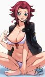  1girl areola_slip barefoot bikini black_jacket blue_eyes breasts cleavage code_geass collarbone commentary_request covered_nipples dated feet flipped_hair front-tie_bikini_top front-tie_top full_body gradient_background hand_on_own_ankle hand_up highres indian_style jacket jacket_on_shoulders kouzuki_kallen large_breasts legs looking_at_viewer navel open_mouth red_hair red_trim round_teeth short_hair signature sitting smile solo swimsuit teeth toes upper_teeth_only white_bikini yoo_tenchi 