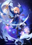  1girl absurdres ahoge artoria_pendragon_(fate) black_boots black_pantyhose blonde_hair blue_bow blue_bowtie blue_dress boots bow bowtie dress fate/stay_night fate/unlimited_blade_works fate_(series) full_body high_heel_boots high_heels highres holding holding_sword holding_weapon honkai:_star_rail honkai_(series) knee_boots long_sleeves official_art open_mouth pantyhose saber_(fate) saber_(honkai:_star_rail)_(fate) smile solo standing standing_on_one_leg star_(sky) starry_sky_background sword takeuchi_takashi weapon 