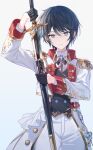  1girl absurdres black_gloves black_hair blue_eyes blue_gemstone commentary dot_nose earrings epaulettes gem gloves highres holding holding_sword holding_weapon hoshino_ichika_(project_sekai) jacket jewelry leo/need_(project_sekai) long_sleeves looking_at_viewer military_jacket military_uniform mixed-language_commentary official_alternate_costume official_alternate_hair_length official_alternate_hairstyle project_sekai relax_teatime_(project_sekai) scabbard sheath simple_background solo sword timmoo unsheathing weapon white_background 