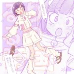  1girl :o belt blunt_bangs blush brown_sandals commentary_request cropped_jacket full_body futsuu_no_keion-bu group_name hairpods halftone hand_up high_collar highres jacket leg_belt loose_socks majima_ruri midriff_peek moheko multiple_views official_alternate_costume open_mouth pink_belt purple_background purple_hair purple_theme red_eyes sandals short_hair shorts slides socks unworn_sandals white_jacket white_shorts white_socks zoom_layer 