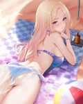  1girl akiyomi ass ball bare_shoulders beach beachball bikini blonde_hair blue_bikini blush breasts closed_mouth gakuen_idolmaster highres idolmaster juo_sena large_breasts long_hair looking_at_viewer lying multicolored_hair on_stomach pink_hair purple_eyes sarong see-through_clothes see-through_sarong smile solo streaked_hair swimsuit towel two-tone_hair umbrella very_long_hair white_sarong 