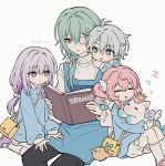  2boys 2girls absurdres aged_down alternate_costume anaxa_(honkai:_star_rail) animal_ears antenna_hair apron artist_name babysitter bag black_pants bloomers blue_apron blue_bow blue_dress blue_eyes blue_hair blue_shirt blush book bow butterfly_ornament castorice_(honkai:_star_rail) child closed_eyes clunch collared_dress collared_shirt colored_inner_hair crown dress eyepatch gradient_hair green_hair grey_hair hair_bow hair_ornament hands_up highres holding holding_book honkai:_star_rail honkai_(series) horse_ears horse_tail hug hyacine_(honkai:_star_rail) little_ica_(honkai:_star_rail) long_hair long_sleeves looking_at_another looking_at_object low-tied_long_hair low_ponytail low_twintails matching_outfits multicolored_hair multiple_boys multiple_girls open_book open_mouth pants pegasus pegasus_wings phainon_(honkai:_star_rail) pink_hair pink_shoes pom_pom_(clothes) pom_pom_hair_ornament ponytail puffy_long_sleeves puffy_sleeves purple_eyes purple_hair purple_shoes reading red_pupils seiza shirt shoes short_hair sidelocks simple_background sitting sleeping smile socks stuffed_animal stuffed_bird stuffed_toy sweater tail turtleneck turtleneck_sweater twintails white_background white_bloomers white_bow white_socks white_sweater wings yellow_bag yellow_pupils zzz 