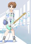  1girl black_shirt blue_shoes blue_skirt collarbone guitar hirasawa_ui holding holding_guitar holding_instrument hood hoodie instrument k-on! long_sleeves looking_at_viewer medium_hair open_mouth pleated_skirt ponytail sawanatsu_mikan shirt shoes short_ponytail skirt sleeves_past_wrists teeth upper_teeth_only white_hoodie 