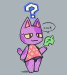  2019 ? animal_crossing anthro bob_(animal_crossing) bodily_fluids clothing domestic_cat felid feline felis fur male mammal moxxidraws nintendo purple_body purple_fur simple_background solo standing sweat sweatdrop text underwear video_games 