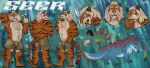 abs abstract_background anthro armpit_hair beard body_hair bottomwear bulge chest_tuft chumbasket clothed clothing facial_hair fangs felid front_view fur green_eyes grin happy_trail hi_res male mammal model_sheet muscular muscular_anthro muscular_male open_mouth orange_body orange_fur pantherine pecs pubes rear_view red_tongue seer_(sweettiger) shorts smile solo standing striped_arms striped_legs teeth thinking_pose tiger tongue topless tuft white_body white_fur