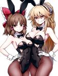  2girls absurdres alternate_costume animal_ear_hairband animal_ears armpits black_bow black_bowtie black_hairband black_leotard black_pantyhose blonde_hair bow bowtie breast_on_breast breasts brown_eyes brown_hair cleavage closed_mouth commentary covered_navel cowboy_shot detached_collar fake_animal_ears gloves hair_bow hair_tubes hairband hakurei_reimu hand_on_own_hip highres junko_(touhou) kikoka_(mizuumi) leotard long_hair looking_at_viewer medium_hair multiple_girls pantyhose playboy_bunny rabbit_ear_hairband rabbit_ears red_bow red_eyes simple_background smile strapless strapless_leotard touhou v-shaped_eyebrows very_long_hair white_background white_gloves wrist_cuffs 