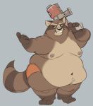  2019 anthro belly brown_body brown_fur captainjusticevirtsuoso fur guardians_of_the_galaxy humanoid_hands justicecaptainv male mammal marvel moobs navel nipples obese overweight procyonid raccoon rocket_raccoon solo weapon 