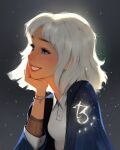  1girl :d blue_coat blue_eyes bracelet clothes_writing coat collared_shirt glowing glowing_hair grin hand_on_own_chin highres jewelry light_particles medium_hair original procreate_(medium) sam_yang shirt smile upper_body white_hair white_shirt 