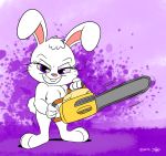  3_toes anthro chainsaw hi_res joaoppereiraus lagomorph leporid mammal naughty_face power_tool purple_eyes rabbit solo standing toes tools 