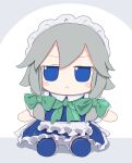  1girl :&lt; absurdres apron blue_dress blue_eyes blush_stickers bow bowtie braid closed_mouth commentary dress frilled_apron frilled_dress frills full_body fumo_(doll) green_bow green_bowtie grey_hair hair_bow highres izayoi_sakuya kame_(kamepan44231) looking_at_viewer maid maid_headdress short_hair short_sleeves simple_background sitting solo touhou twin_braids white_apron white_background 