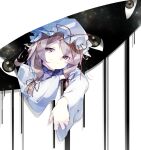  1girl aged_down blonde_hair child closed_mouth commentary_request gap_(touhou) gorilla_(bun0615) hair_ribbon hat hat_ribbon highres long_hair long_sleeves looking_at_viewer mob_cap purple_tabard red_ribbon ribbon smile solo tabard touhou white_hat wide_sleeves yakumo_yukari yellow_eyes 